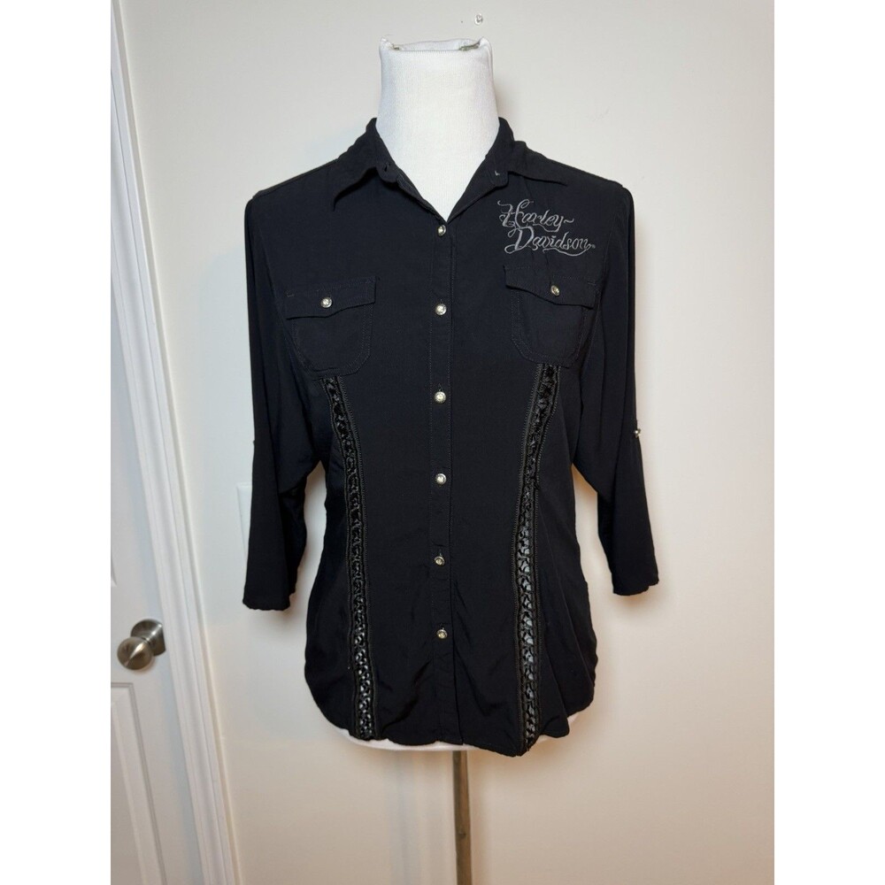 Harley Davidson Women’s M Button Up Shirt 3/4 Sleeves Ribbon Detail Angel Wings - Picture 2 of 15